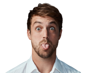 Humor, portrait and man with his tongue out, funny and happiness isolated on a transparent background. Face, male person and model with goofy gesture, joke and playful with png and facial expression
