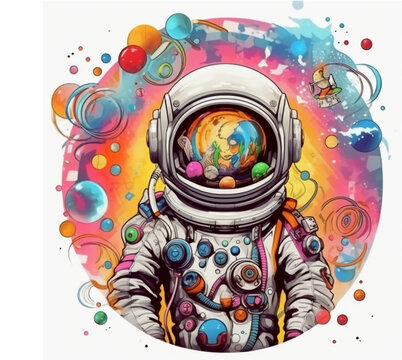 Trippy Astronaut Cartoon Detailed White Background