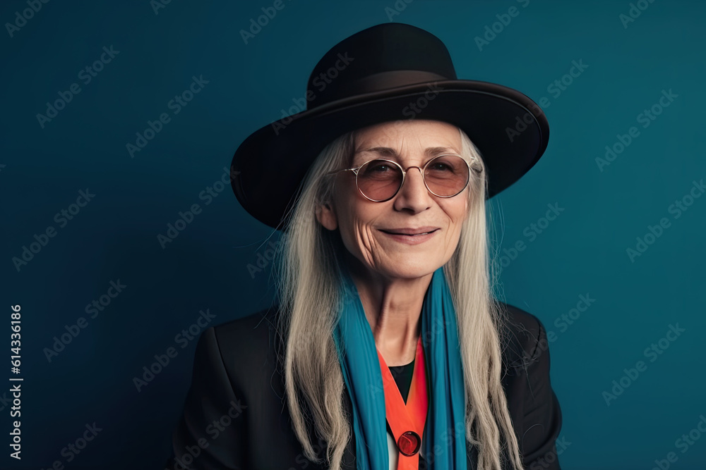 Wall mural Portrait of mature woman in hipster outfit on color background