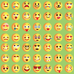 Naklejka premium Set of Emoticons. Set of Emoji. Smile icons, Funny cartoon yellow emoji and emotions icon collection. Mood and facial emotion icons. Crying, smile, laughing, joyful, sad, angry and happy faces
