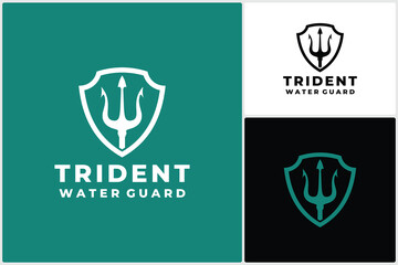 Luxury Trident with Shield King Poseidon Icon Symbol Logo Vector Design