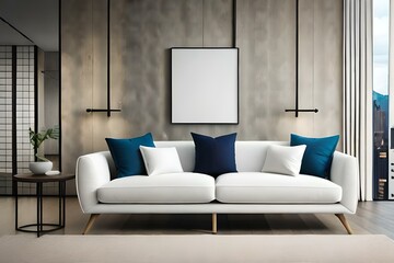 Blank mockup photo frame with a big white sofa. Premium luxury living room