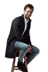 Fashion, chair and portrait of a man with coat, formal and stylish winter outfit with confidence....