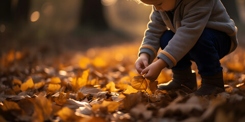 child in the forest picking up autumn leafs