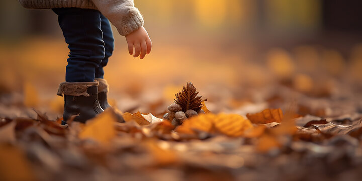 Kid Jumping in autumn leaves on the ground - generative AI