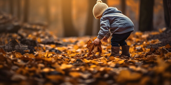 child in the forest picking up autumn leafs