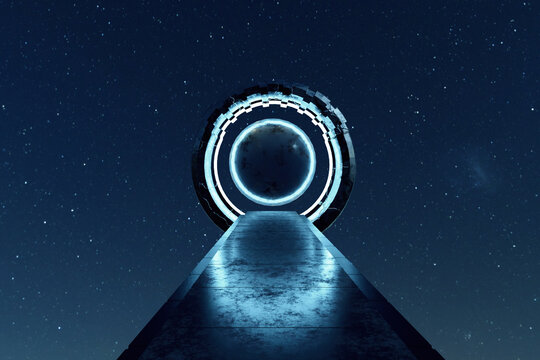 Dark abstract Sci Fi path with Outer Space in background. Man Standing with Glowing Light Rays and Portal. 3d Rendering