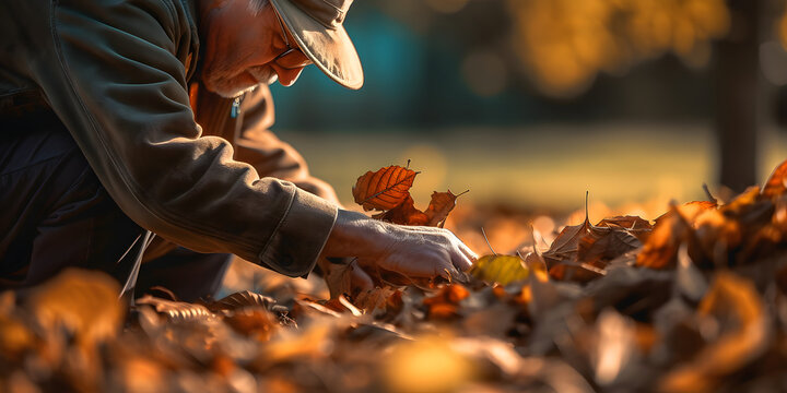 old man picking up autumn leaves in the garden