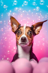 Funny dog with pink balloons and soap bubbles on a blue background. 