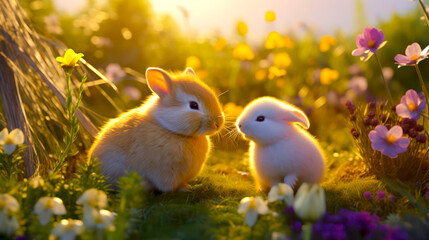 Two cute little rabbits sitting on the grass in the garden with flowers. 