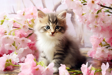 Cute Siberian kitten with pink sakura flowers on a wooden background. A small, cute kitten looks into the camera. 