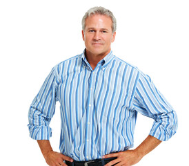 Smart, mature man and portrait with work vision isolated on a transparent, png background....