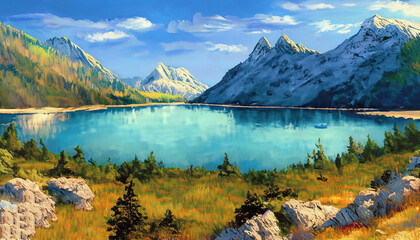 Mountain and Lake view, blue sky, and tree forest oil paint. Generative AI