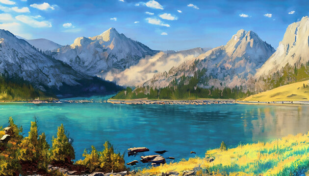 Mountain and Lake view, blue sky, and tree forest oil paint. Generative AI