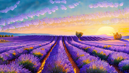Obraz premium Lavender fields. Oil paint. Generative ai