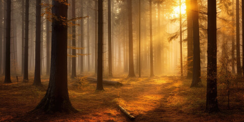 Forest in the morning in a fog in the sun, trees in a haze of light, glowing fog among the trees