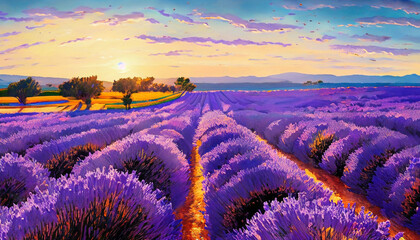 Fototapeta na wymiar Lavender fields. Oil paint. Generative ai