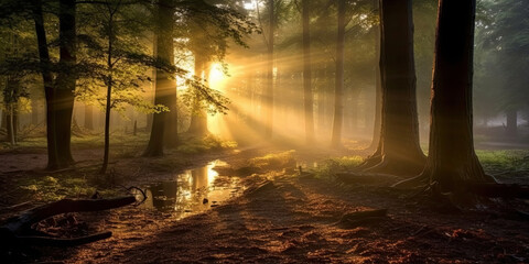 Obraz premium Forest in the morning in a fog in the sun, trees in a haze of light, glowing fog among the trees