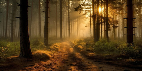 Forest in the morning in a fog in the sun, trees in a haze of light, glowing fog among the trees