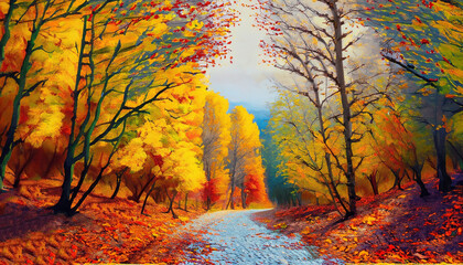 Oil Painting landscape - autumn forest, bright red leaves. Generative ai