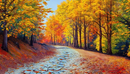 Rolgordijnen Oil Painting landscape - autumn forest, bright red leaves. Generative ai © Uuganbayar