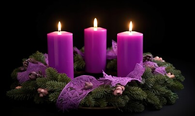holy candles on a wooden table lit in red and purple