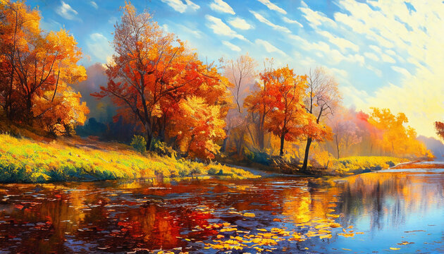 Oil painting landscape - autumn forest near the river, orange leaves, art work. Generative ai