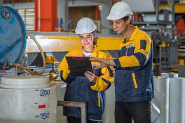 Factory apprenticeship. Man mentor teaching Female employees trainee operating machine looking...