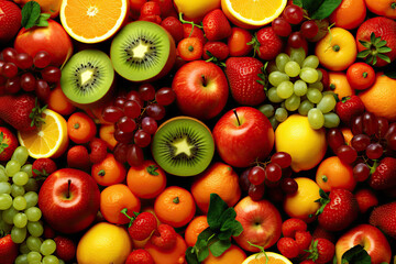 Naklejka na ściany i meble Fruit background, many fresh fruits mixed together