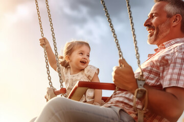 Cheerful dad and daughter are swinging on a swing. Generative AI