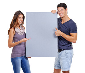 Paper poster, couple and portrait with mockup space for promo isolated on a transparent, png background. Advertisement, happy people and thumbs up for announcement and deal with brand post sign