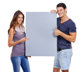 Paper poster, couple and portrait with mockup space for promo isolated on a transparent, png background. Advertisement, happy people and thumbs up for announcement and deal with brand post sign