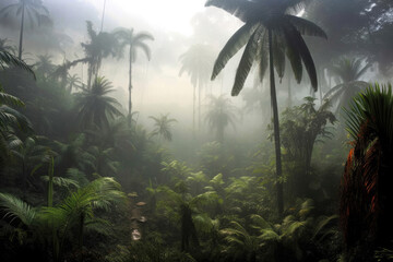 Jungle in the fog, palm trees in the haze, morning jungle, rainforest in the fog