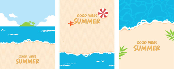 Summer background, Three set of vector illustrations on the beach hand drawings for a poster, banner and card
