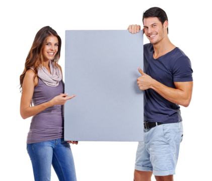 Paper poster, couple and portrait with mockup space for promo isolated on a transparent, png background. Advertisement, happy people and thumbs up for announcement and deal with brand post sign