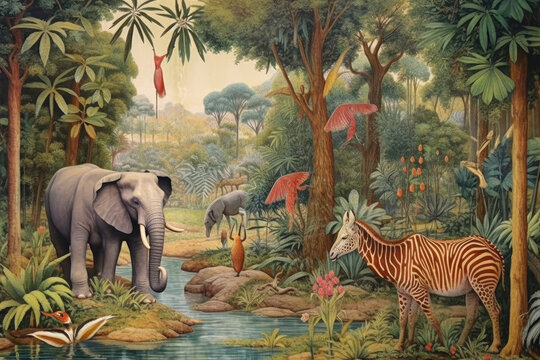 Jungle landscape with wild animals, illustration