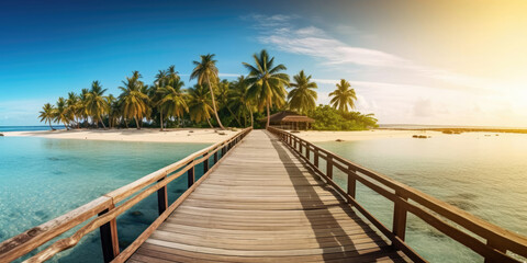 Fototapeta premium Nature panoramic landscape: Amazing Panorama sandy tropical beach with silhouette coconut palm tree in crystal clear sea and scenery wooden bridge out of the horizon