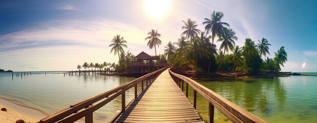 Nature panoramic landscape: Amazing Panorama sandy tropical beach with silhouette coconut palm tree in crystal clear sea and scenery wooden bridge out of the horizon