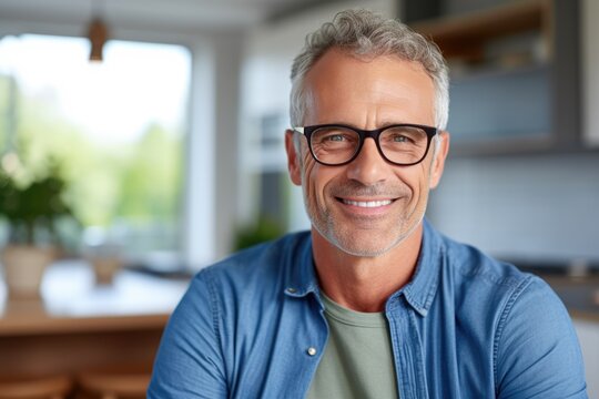 smiling Middle-aged guy with eyeglasses and blue shirt at home