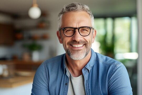 smiling Middle-aged guy with eyeglasses and blue shirt at home
