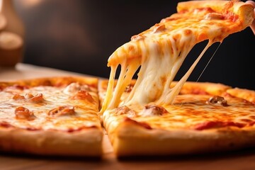 A slice of fried, hot Italian pizza with sticky cheese. Generative AI