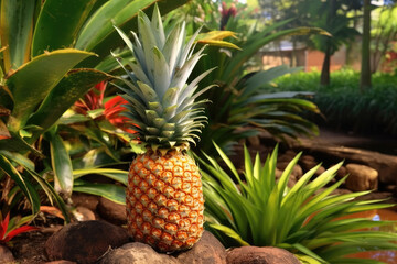 Pineapple tropical fruit growing in garden. space for texture