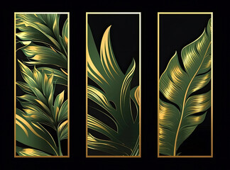 Tropical banners set. Banana leaf with gold splash on black background. Exotic botany for cosmetics, spa, perfume, health care products