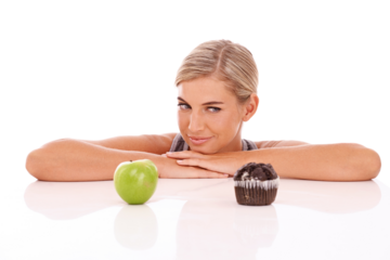 Woman, diet and decision with apple, muffin and unsure girl on an isolated, transparent png background. Female, lady and decide between fruit, chocolate dessert or snack for lunch, thinking or choice
