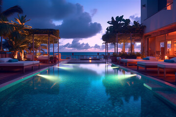 Beautiful seaside hotel pool view at dusk