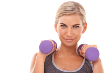 Fitness, dumbbells and portrait of woman for exercise on isolated, PNG and transparent background. Healthy body, wellness and female model with gym equipment for weightlifting, training and workout