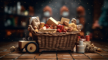 christmas shopping composition with basket, Generative AI