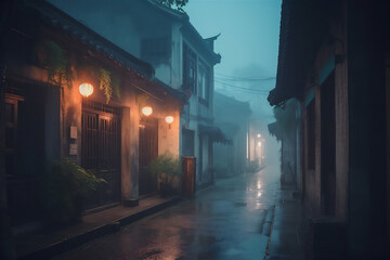 Fototapeta premium Street scene in rainy season evening in traditional Chinese ancient town