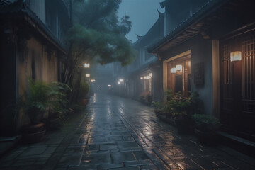 Fototapeta premium Street scene in rainy season evening in traditional Chinese ancient town