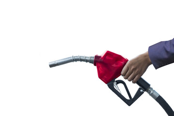 Hand in suit holding red fuel pump on PNG background Fuel energy business concept.